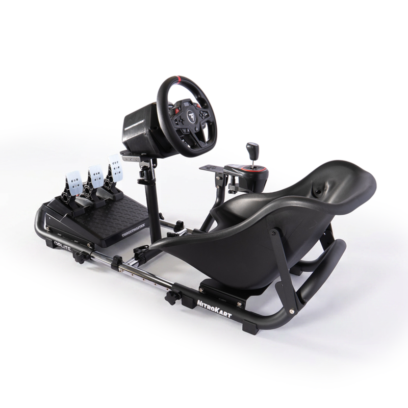 NitroKart Black V2 cockpit with wheel, pedals, and gear shifter