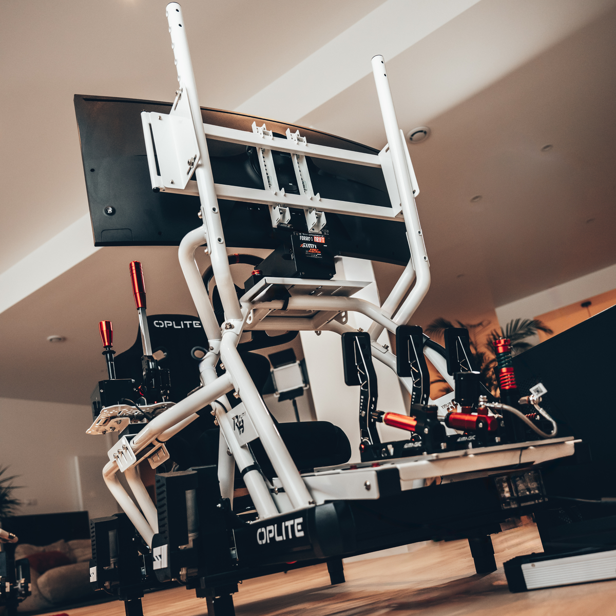 OPLITE R8 Fury White cockpit with monitor mount installed