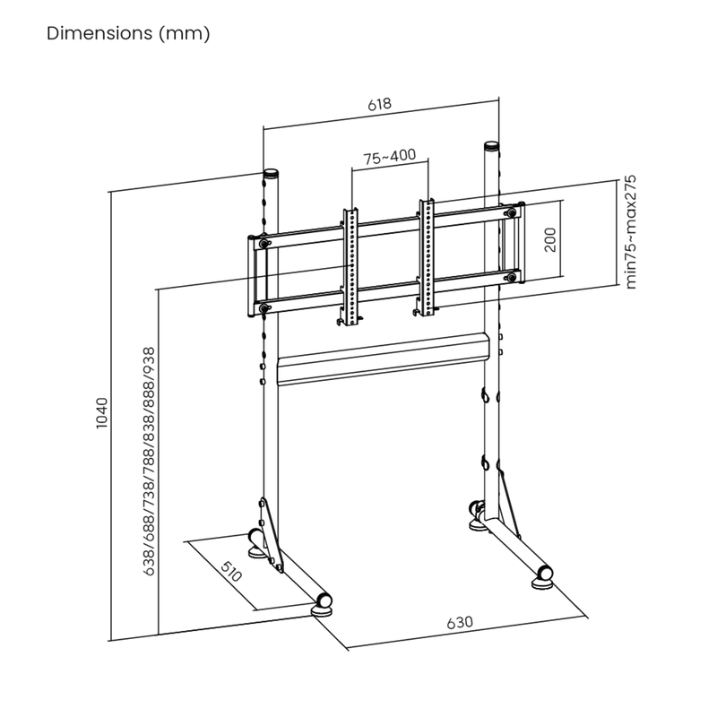 NitroKart Monitor Stand White V2 dimensions diagram in millimeters